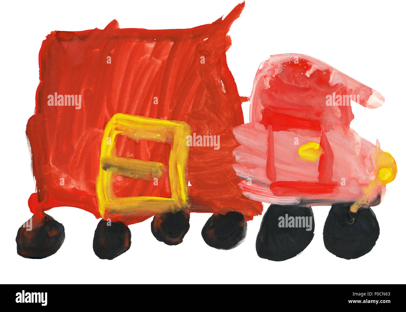 Dessin d'enfant à l'aquarelle. Camion jouet rouge Banque D'Images