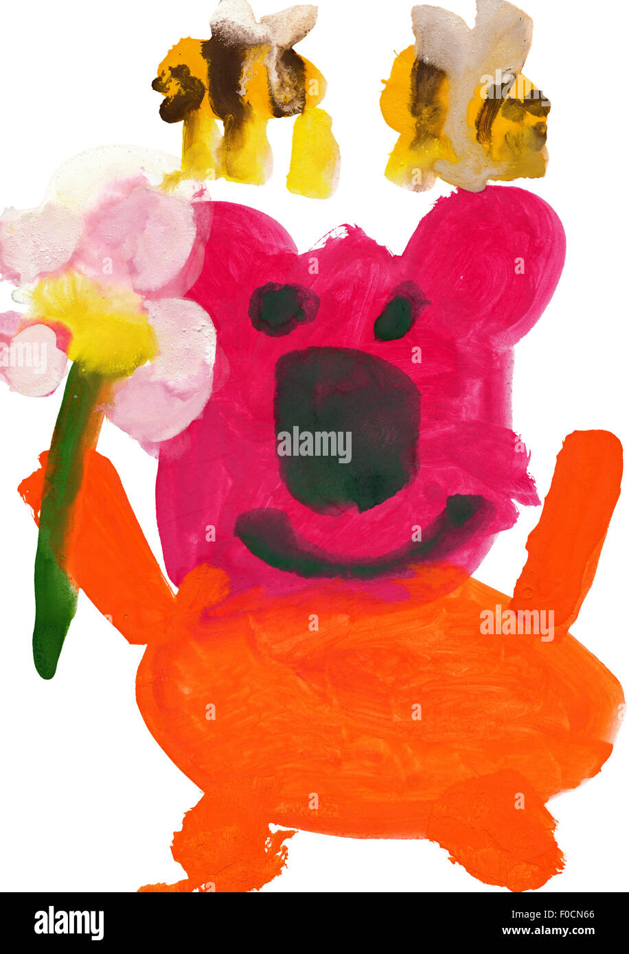 Dessin d'enfant à l'aquarelle. Avec l'ours et les abeilles de fleurs Banque D'Images