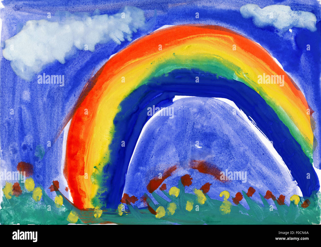 Dessin d'enfant à l'aquarelle. Paysage avec rainbow Banque D'Images