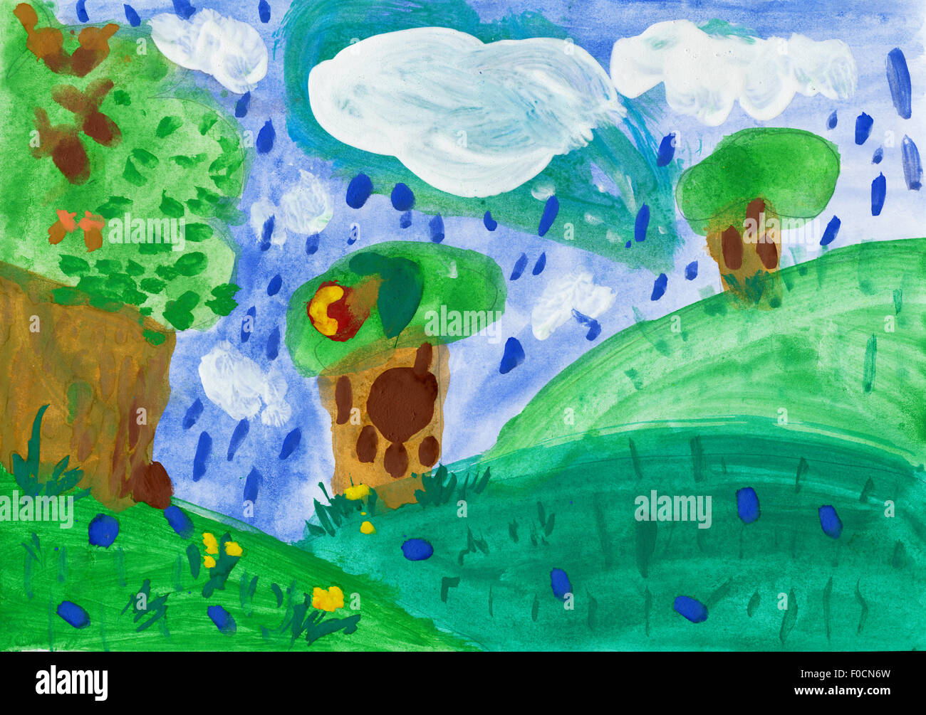 Dessin d'enfant à l'aquarelle. Paysage avec des arbres et de la pluie Banque D'Images