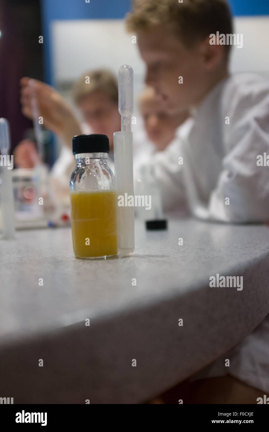 Les enfants d'une leçon de chimie faisant des expériences pratiques Banque D'Images