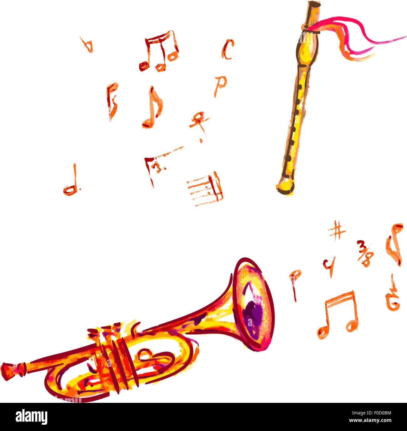 Aquarelle trompette et flûte, avec des notes de musique Illustration de Vecteur