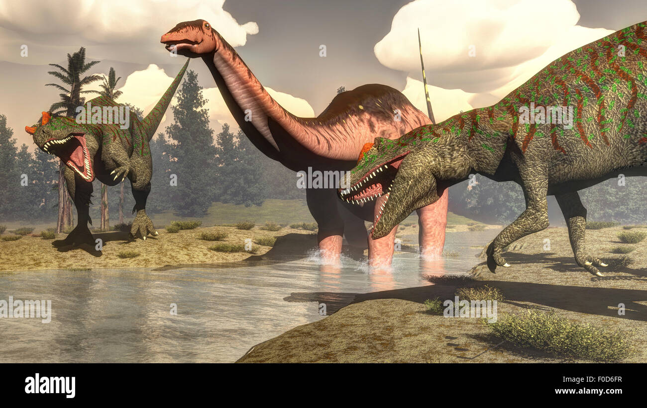 Deux dinosaures Allosaurus attaquer un grand Apatosaurus debout dans l'eau. Banque D'Images