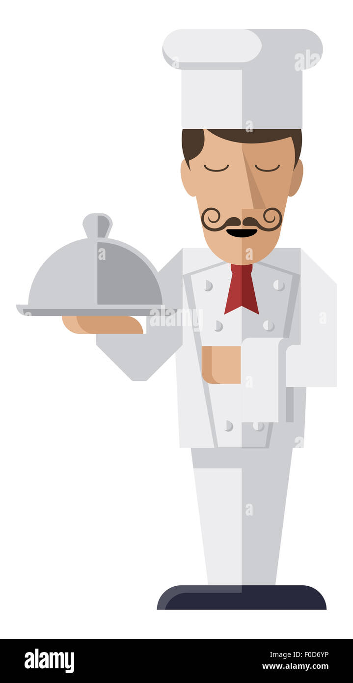 Un caractère accueillant chef stylisée tenant une assiette ou argent cloche Banque D'Images