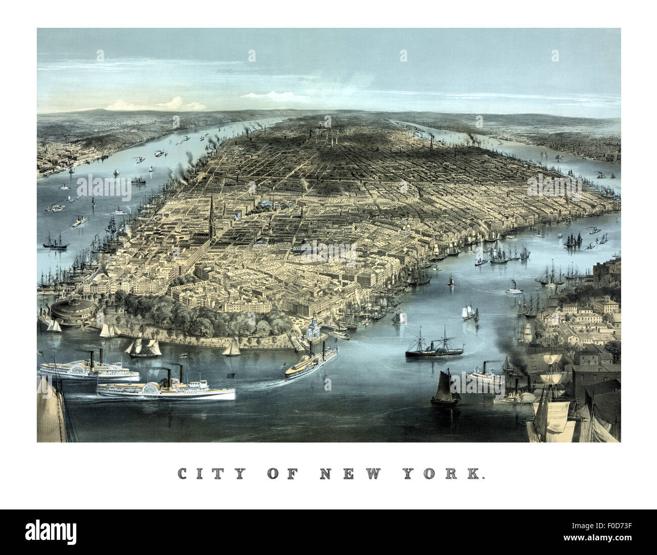 L'histoire de l'Amérique Vintage print doté d''une vue sur la ville de New York City, vers 1850. Banque D'Images