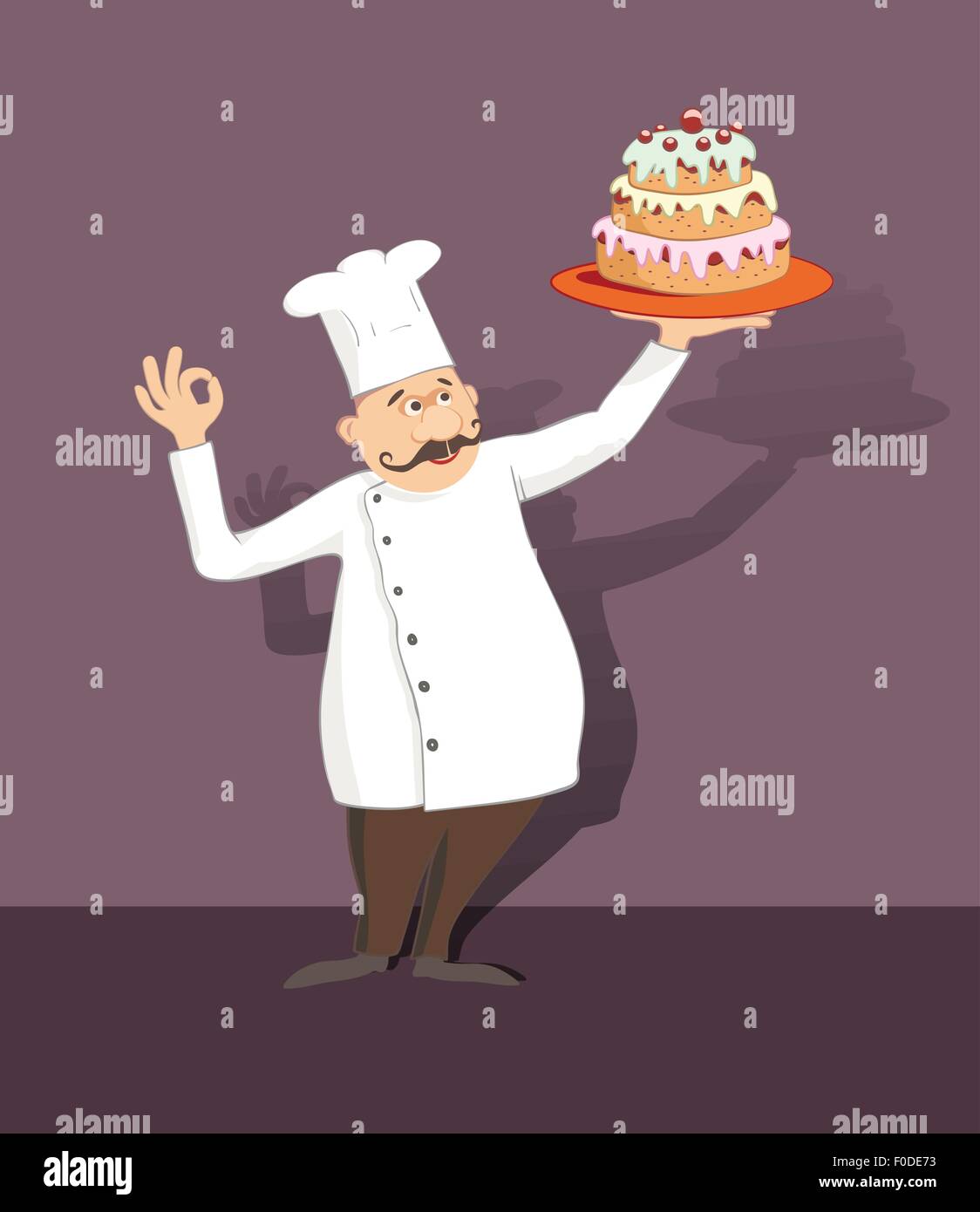 Cartoon chef avec moustaches holding a tray with cake Illustration de Vecteur