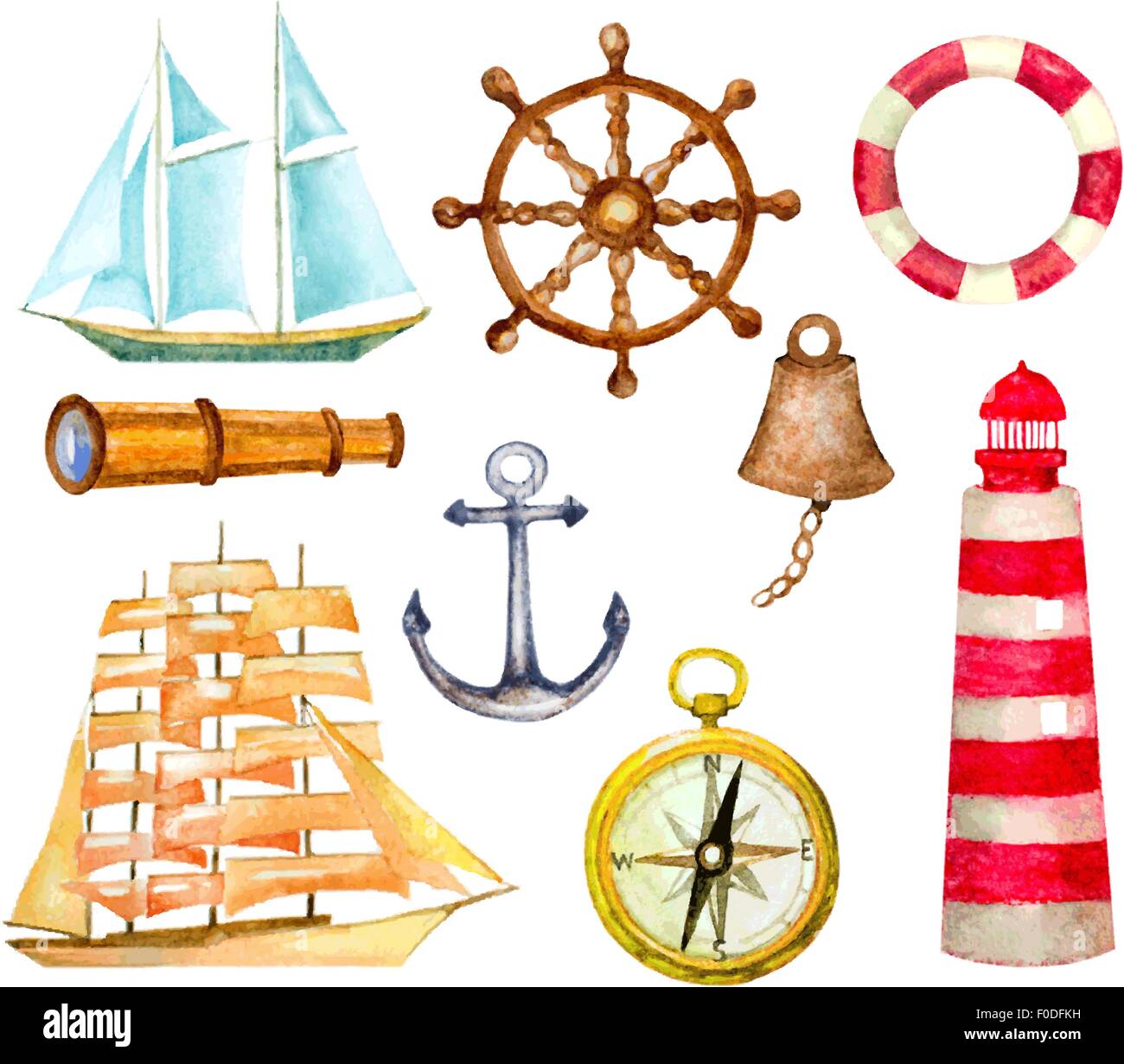 Ensemble de symboles nautique. aquarelle hand drawn vector illustration. phare, boussole, voiliers, anchor, télescope, barre et Illustration de Vecteur