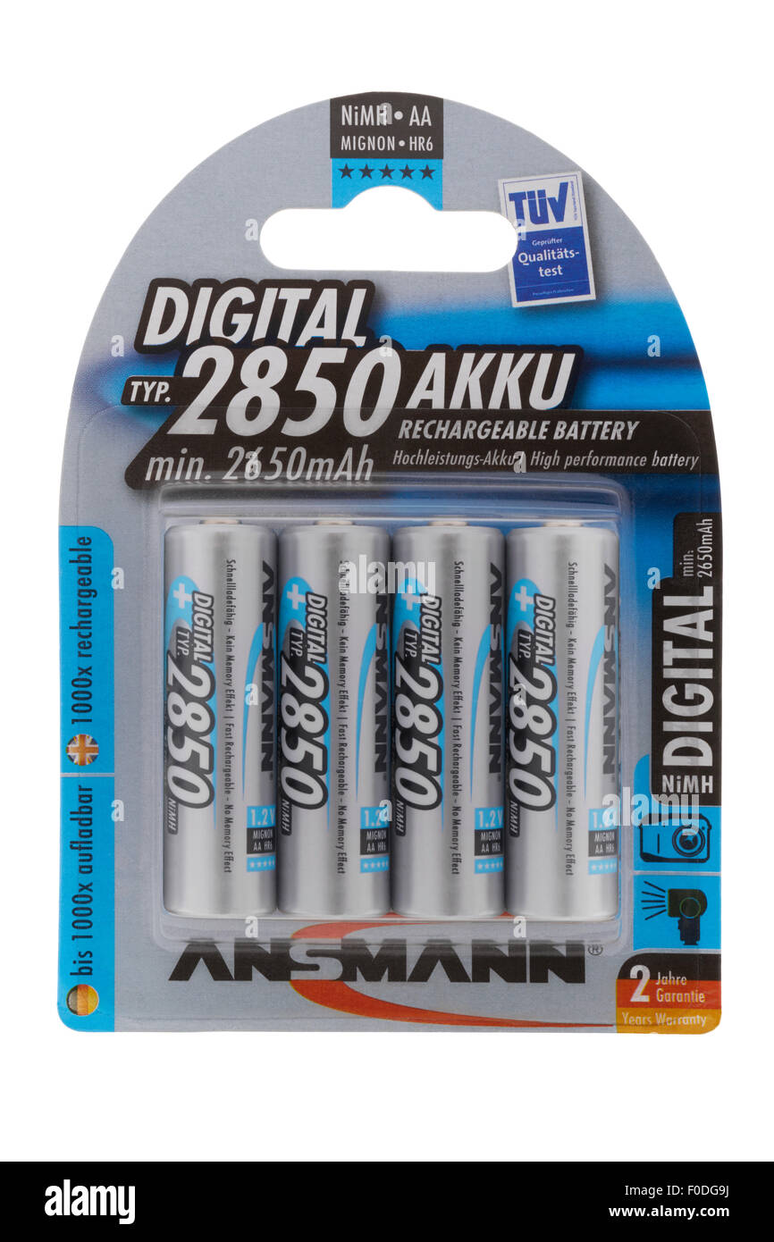 Sachet de Ansmann batteries NiMH AA rechargeables sur fond blanc Banque D'Images