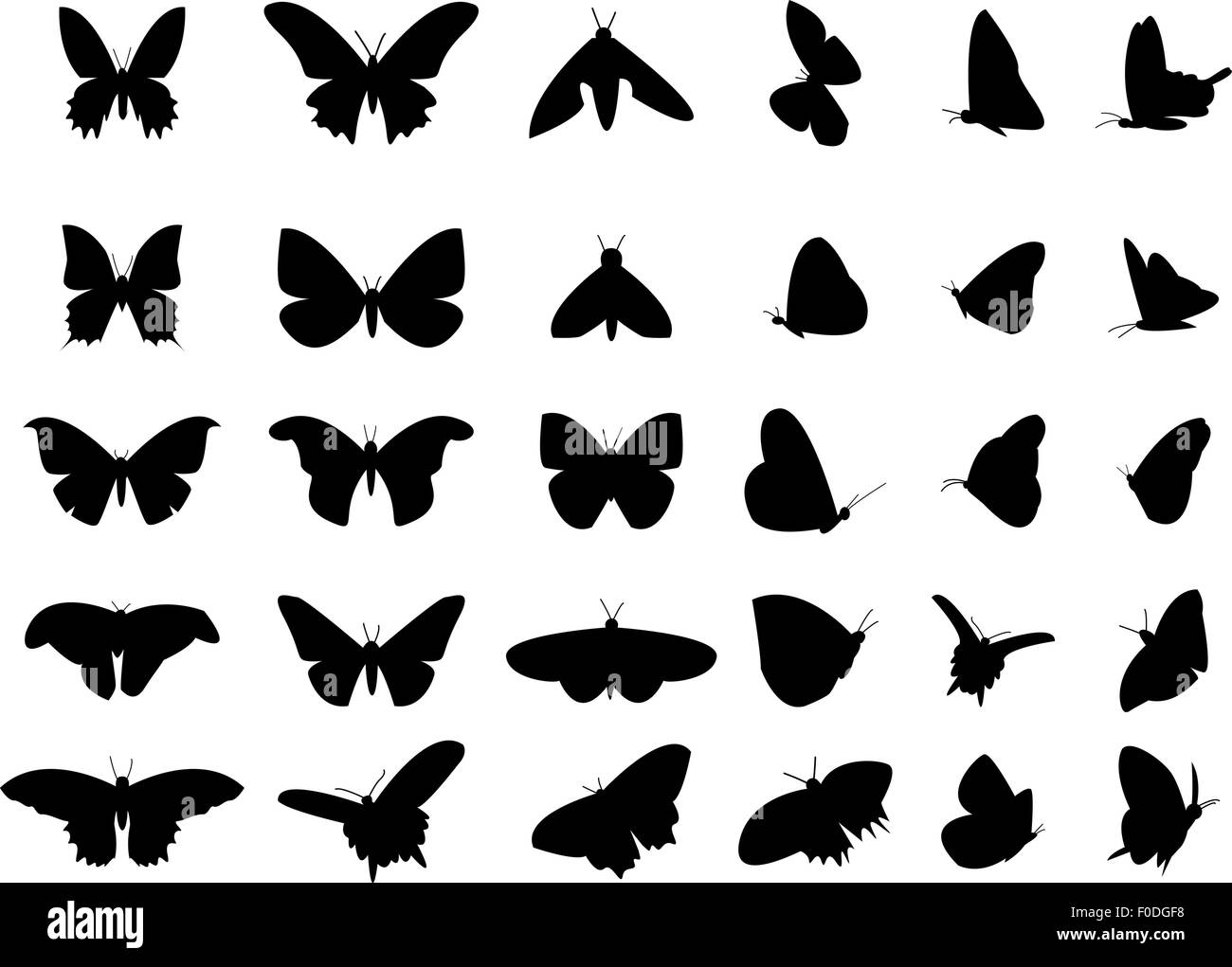 Ensemble de papillon volant silhouette, l'objet scénario isolé Illustration de Vecteur