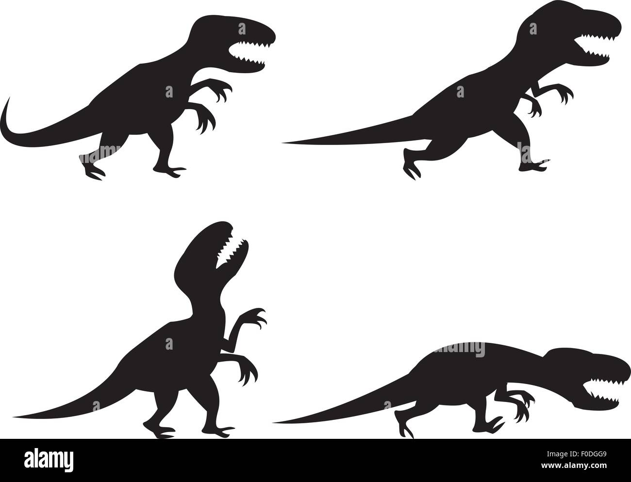 Silhouette noire du T-rex et Velociraptor en mouvement, en colère, exécuter, ronfle et la chasse Illustration de Vecteur