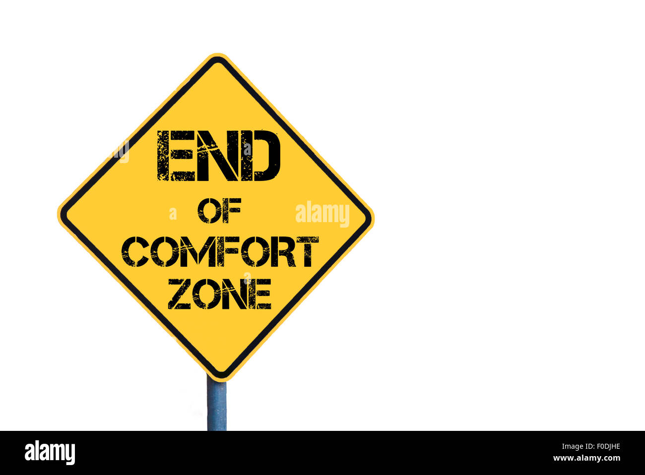 Roadsign jaune avec l'extrémité de la zone de confort message isolé sur fond blanc Banque D'Images