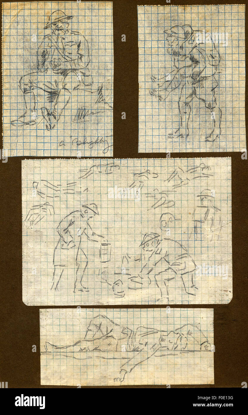 Ces quatre croquis représentent des soldats dans diverses poses, capturant le mouvement et les émotions de la vie militaire. Les croquis offrent une interprétation artistique de l'expérience du soldat en temps de guerre. Banque D'Images