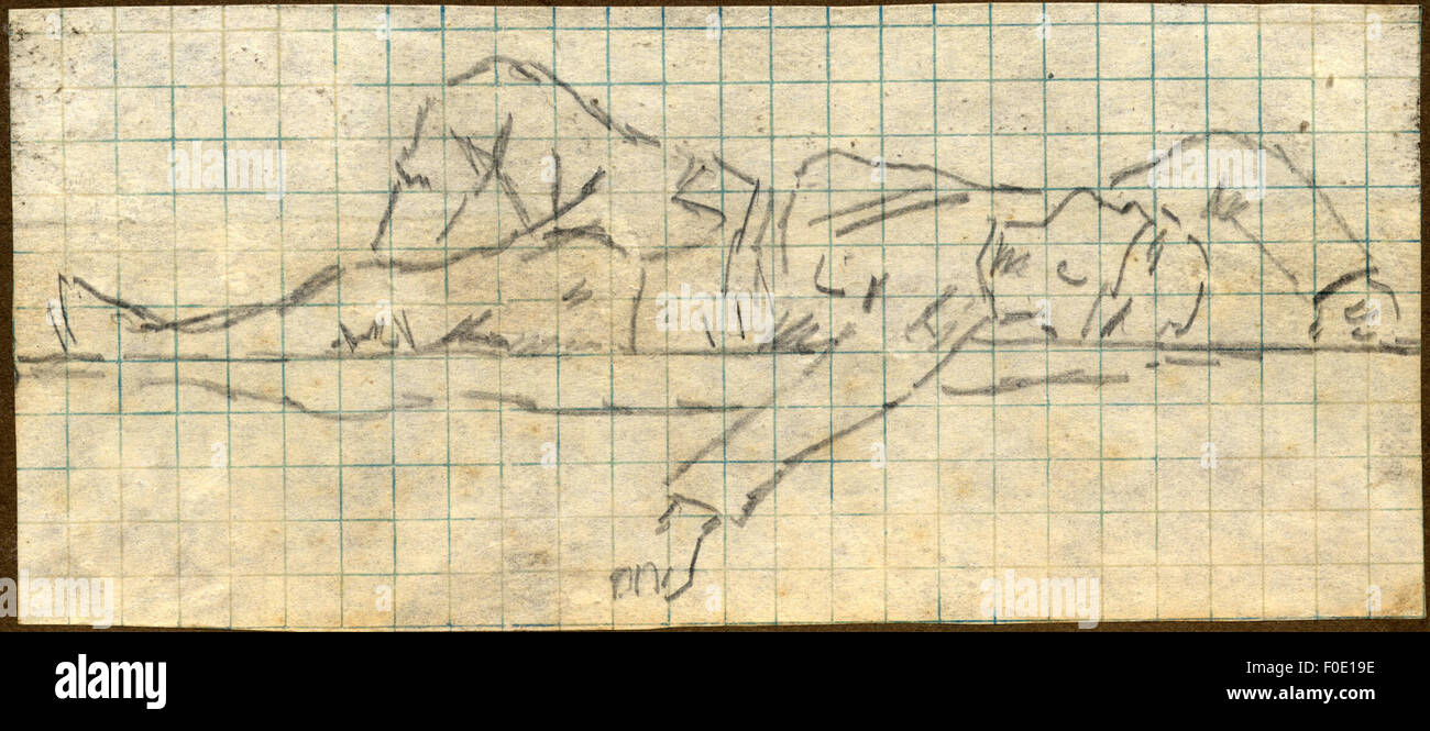 Croquis représentant un soldat blessé transporté sur une civière, probablement dans un contexte historique, illustrant l'impact de la guerre ou du conflit sur des individus au cours d'une période donnée. Banque D'Images