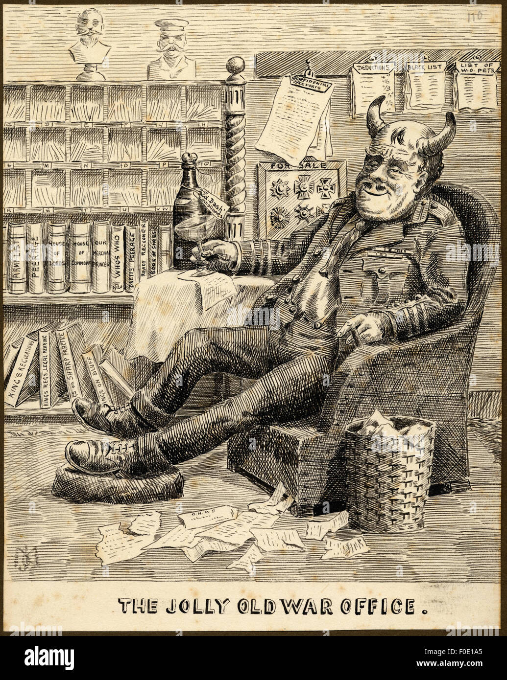Une référence humoristique ou satirique au « Jolly Old War Office », peut-être une image ou une description d'une institution militaire en temps de guerre, connue pour sa signification historique ou sa représentation comique de la bureaucratie militaire. Banque D'Images