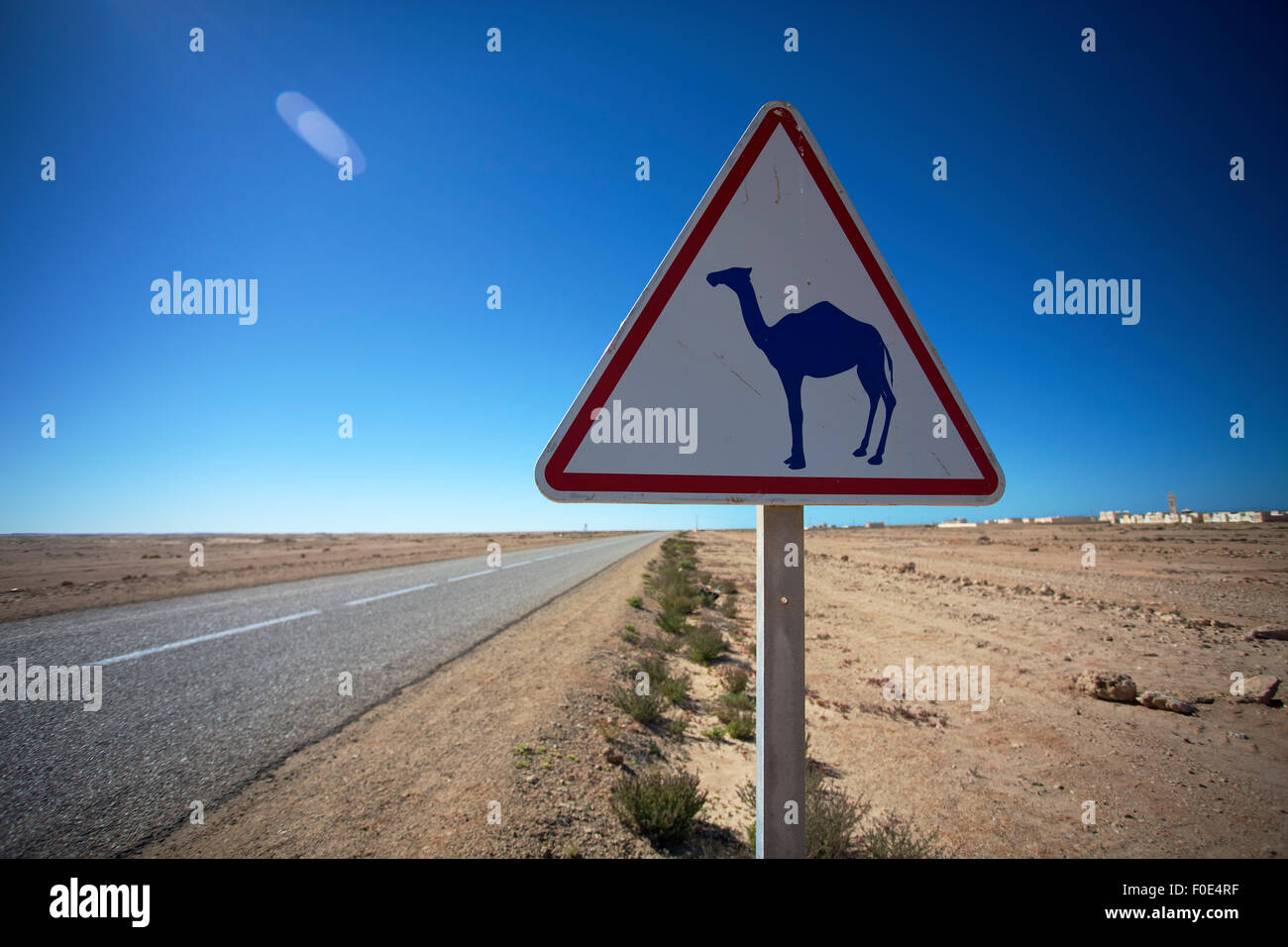 Rare panneau d'avertissement de l'autoroute de l'Ouest, désert du Sahara au Maroc. Banque D'Images