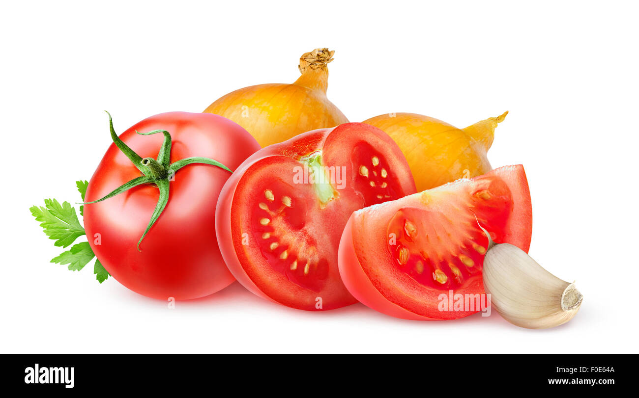 Les tomates et les oignons frais isolated on white Banque D'Images