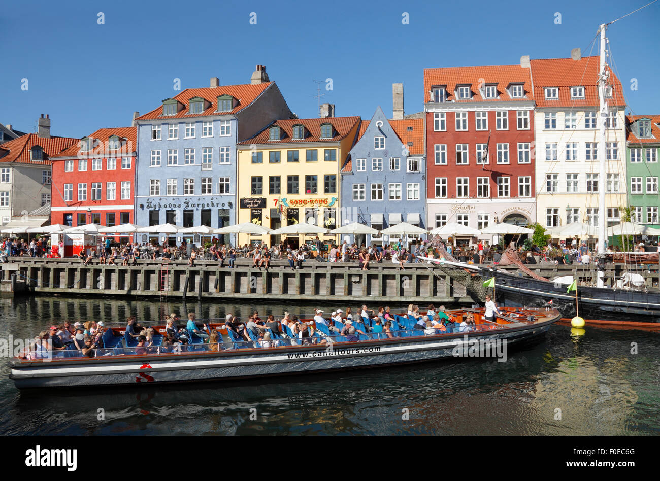 Bateau visite du canal de Nyhavn dans la foule tournant autour d'un jour d'été chaud et ensoleillé plein de touristes et visiteurs aussi sur le quai. Visite croisière sur le canal. Banque D'Images