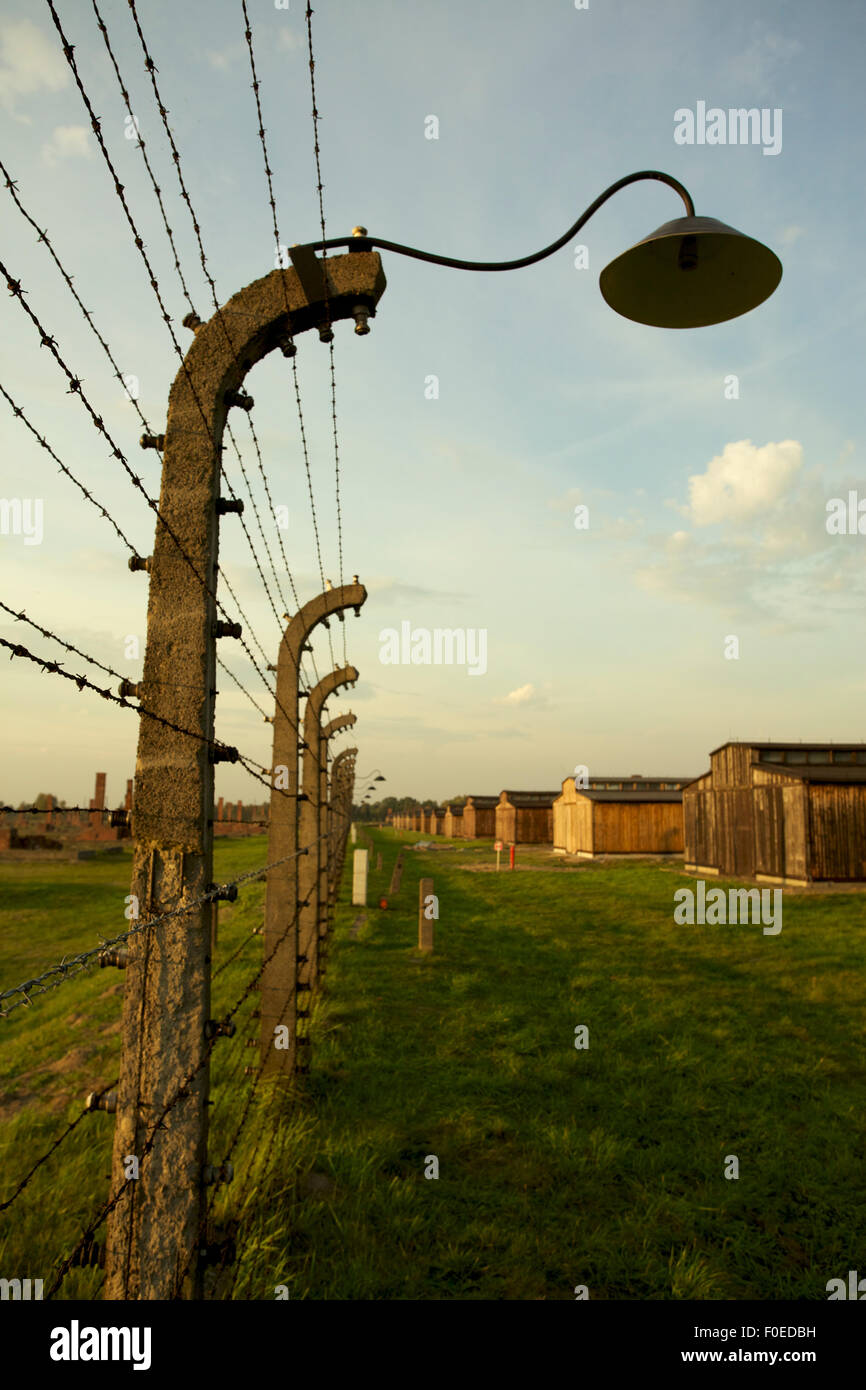 Clôture en fil barbelé à Auschwitz II-Birkenau Camp de concentration en Pologne, près de Cracovie. Banque D'Images