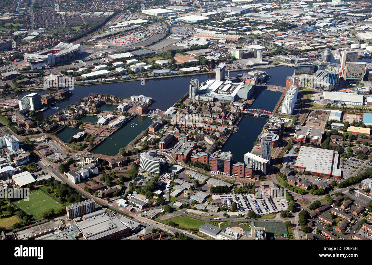 Vue aérienne de MediaCity à Salford Quays, Manchester, UK Banque D'Images