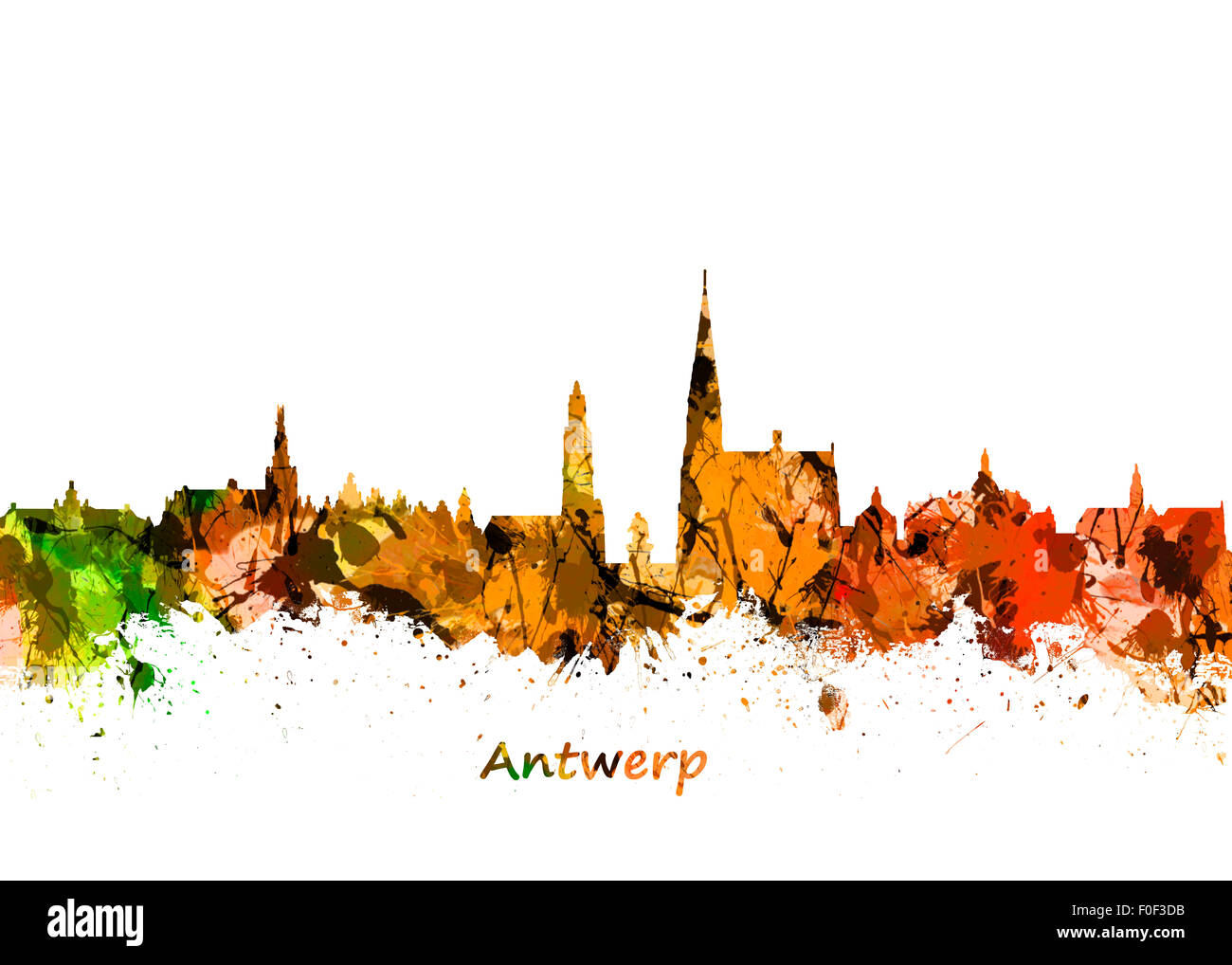 Aquarelle art print de l'horizon d'Anvers en Belgique Banque D'Images