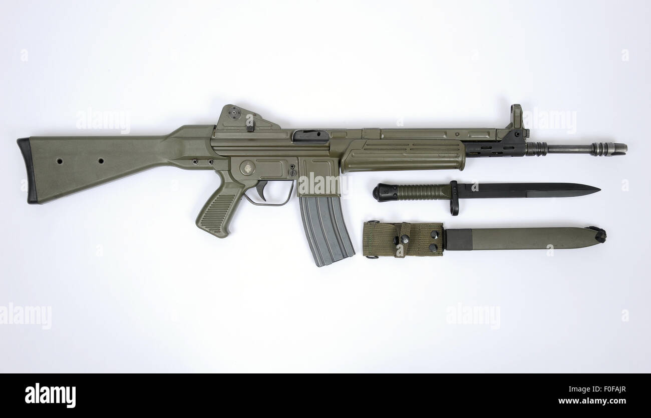 Fusil d'assaut moderne 5,56 mm espagnol CETME L et baïonnette. Banque D'Images
