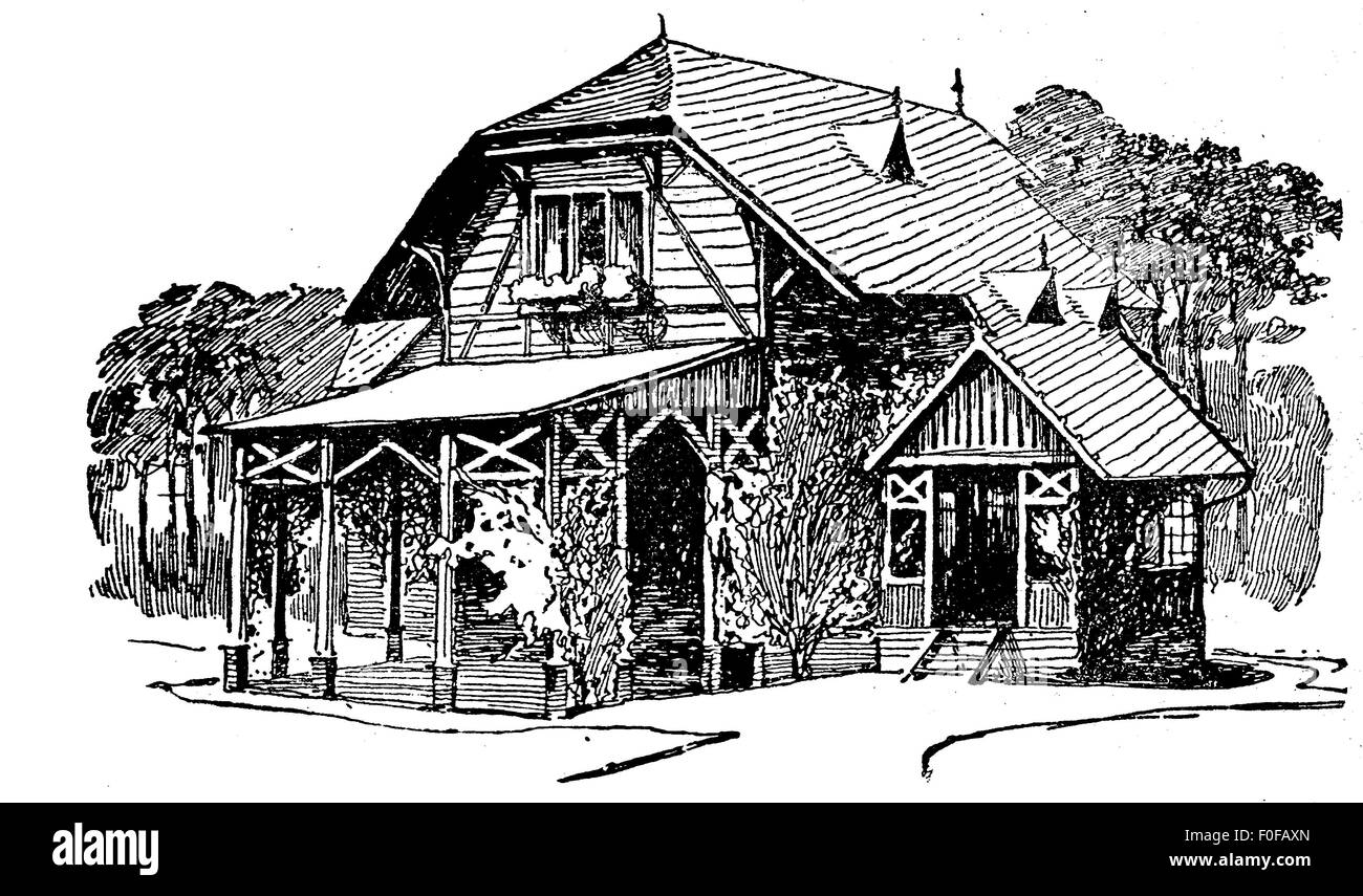 Maison de campagne en bois de gravure avec véranda véranda, petit chalet bois et derrière Banque D'Images