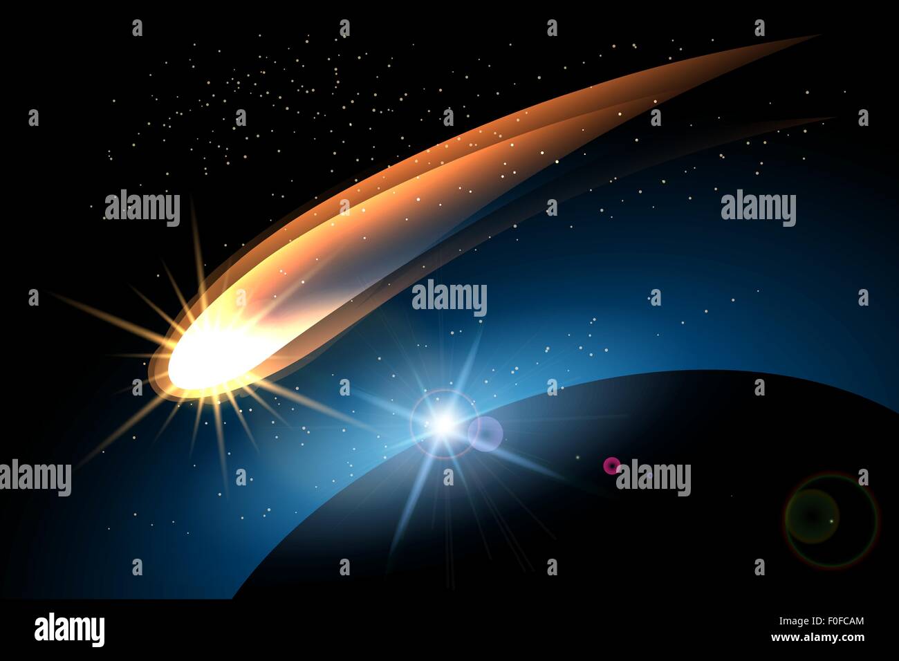 Comète rayonnante dans l'espace et de surface de la planète. Illustration en couleur. Illustration de Vecteur