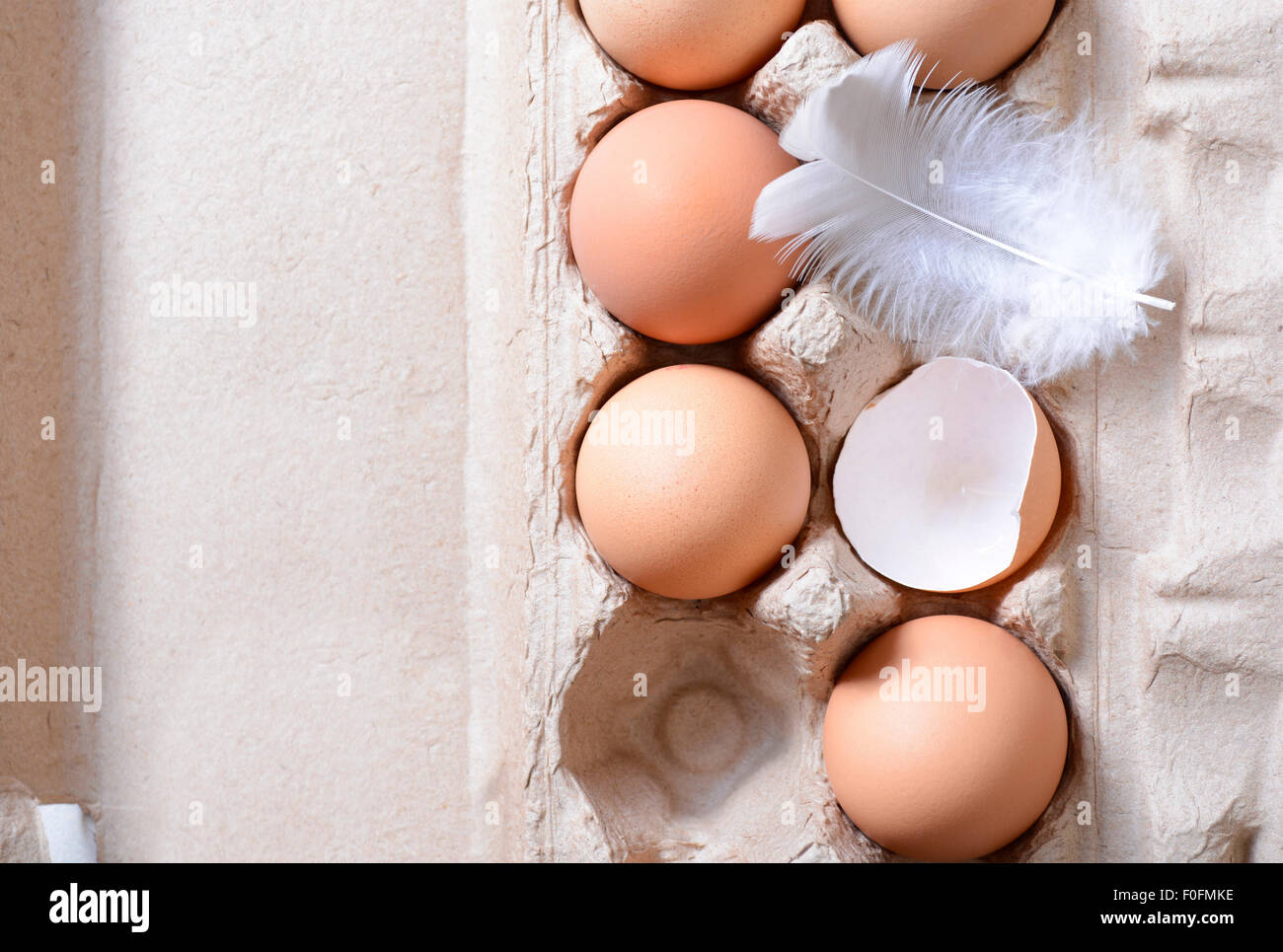 Oeufs frais de la ferme en carton, avec des oeufs et des plumes de poulet coquilles cassées sur table en bois vintage blanc, gros plan. Banque D'Images