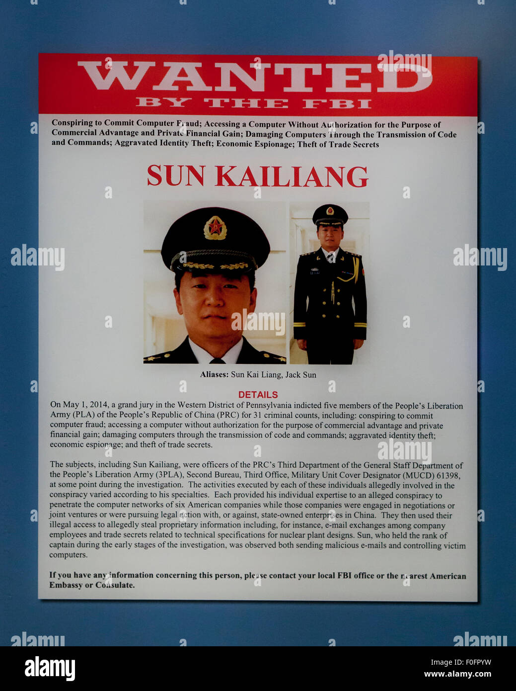 Avis de recherche du FBI de Sun Kailiang, cyber-espionnage chinois hacker - USA Banque D'Images