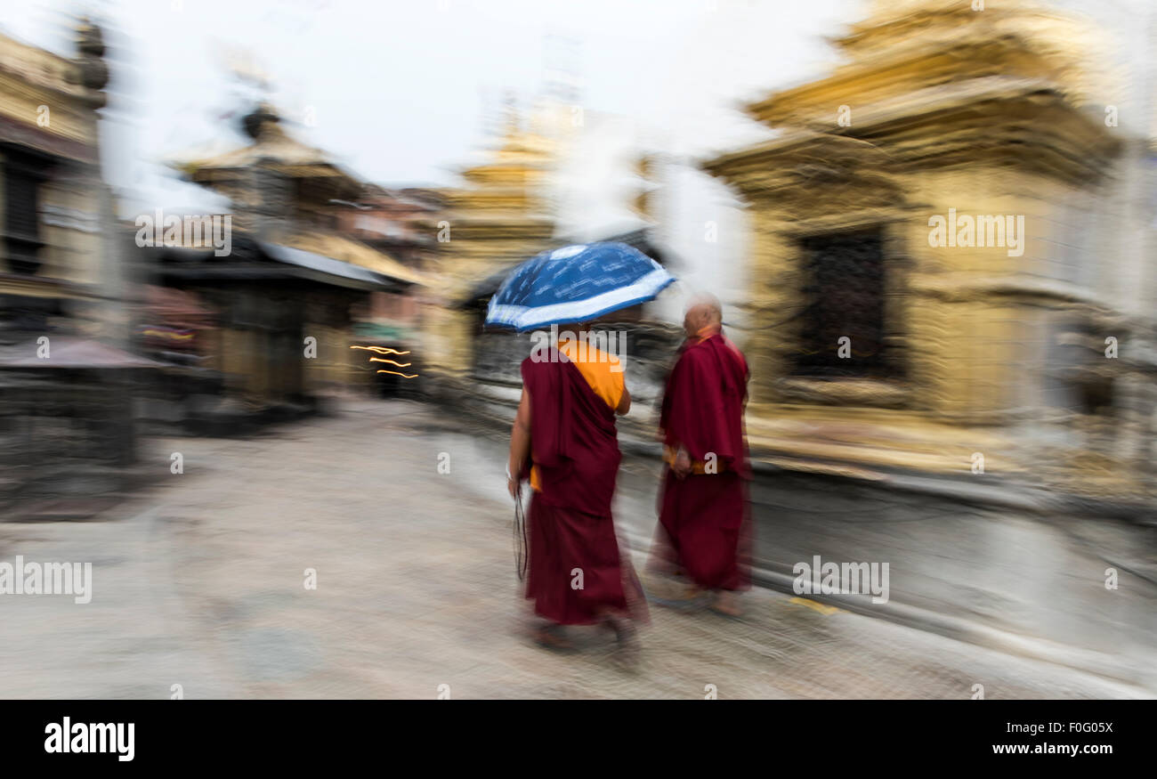 Des moines bouddhistes à marcher avec parapluie sous la pluie au Temple de Swayambhunath Kathmandou Népal ou Monkey Banque D'Images