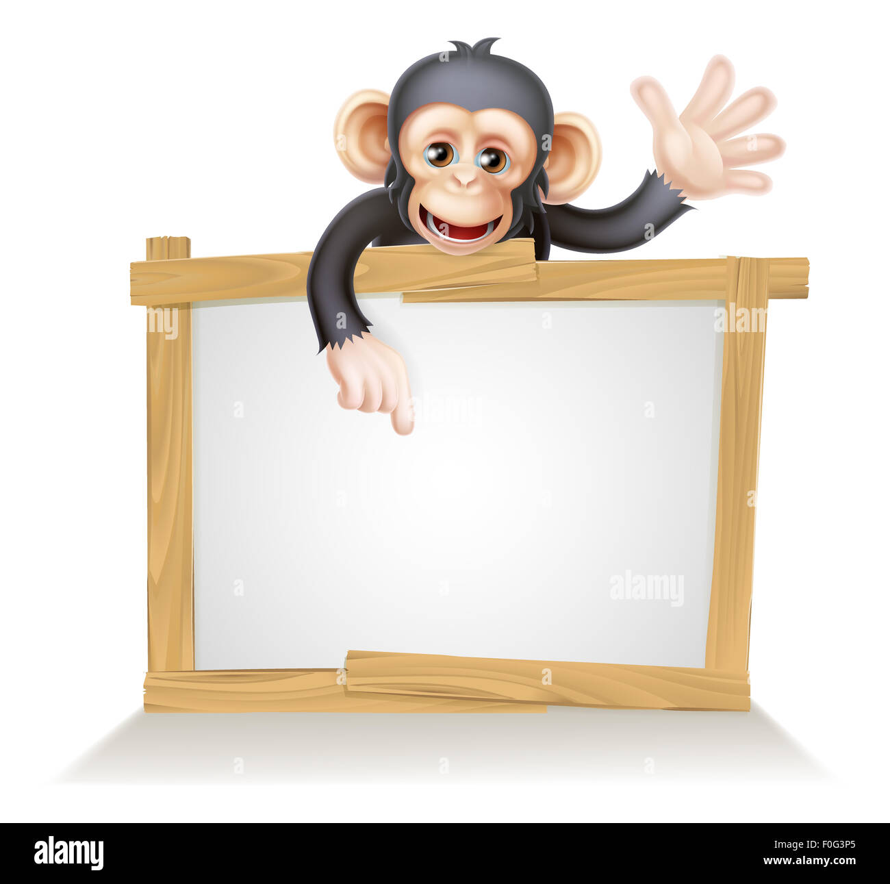Cute cartoon singe chimpanzé comme le caractère mascot peeking au-dessus d'un signe, pointant sur elle et forme Banque D'Images