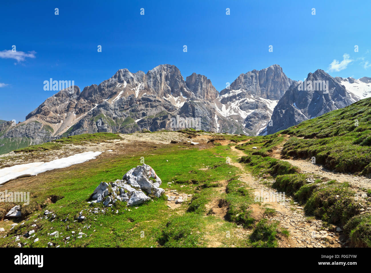 Vue d'été de la Marmolada et Vernel montage par Flora Alpina vallée, Trentin, Italie Banque D'Images