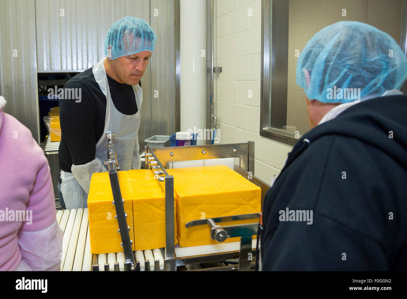 Salt Lake City, Utah - Un bénévole coupe fromage en blocs dans l'industrie laitière à l'Église mormone Bien-être du complexe carré. Banque D'Images