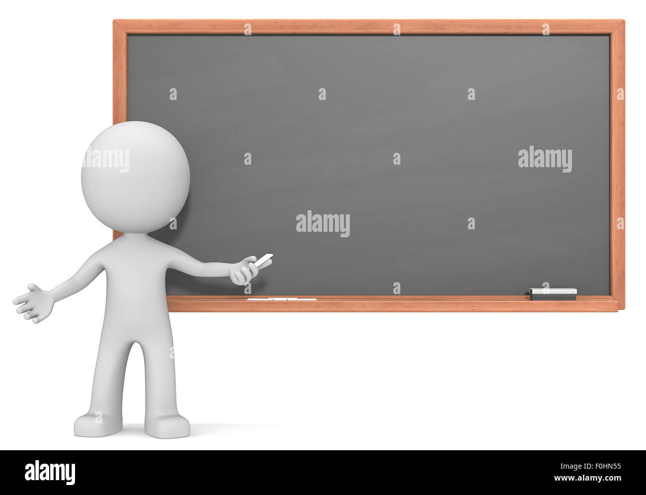 Dude l'Enseignant 3D character in front of Black et blank Chalkboard. La poussière de craie et de copier l'espace. Banque D'Images