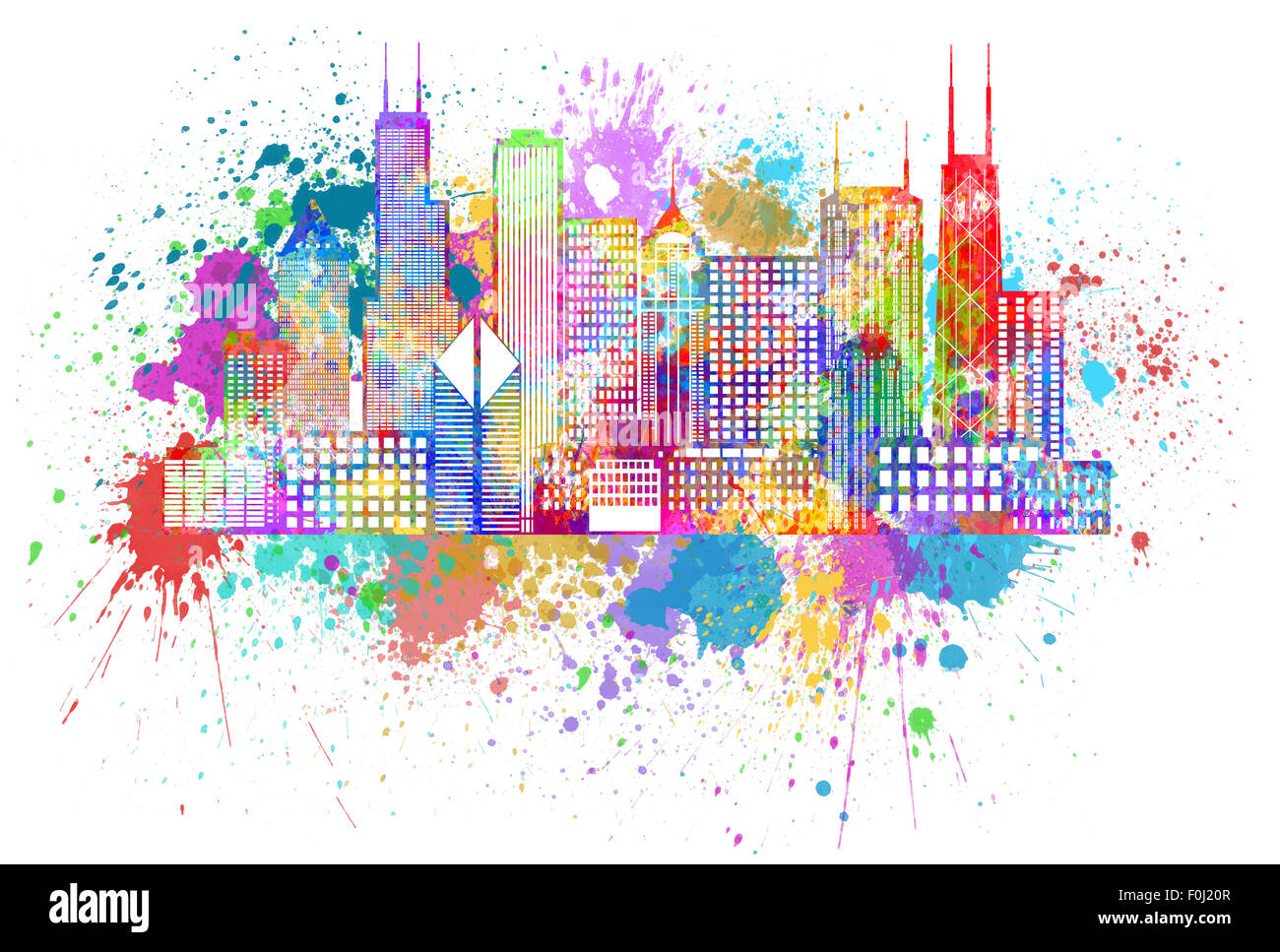 Chicago City Skyline Panorama Couleur Contours Silhouette aux éclaboussures de peinture illustration isolé sur fond blanc Banque D'Images