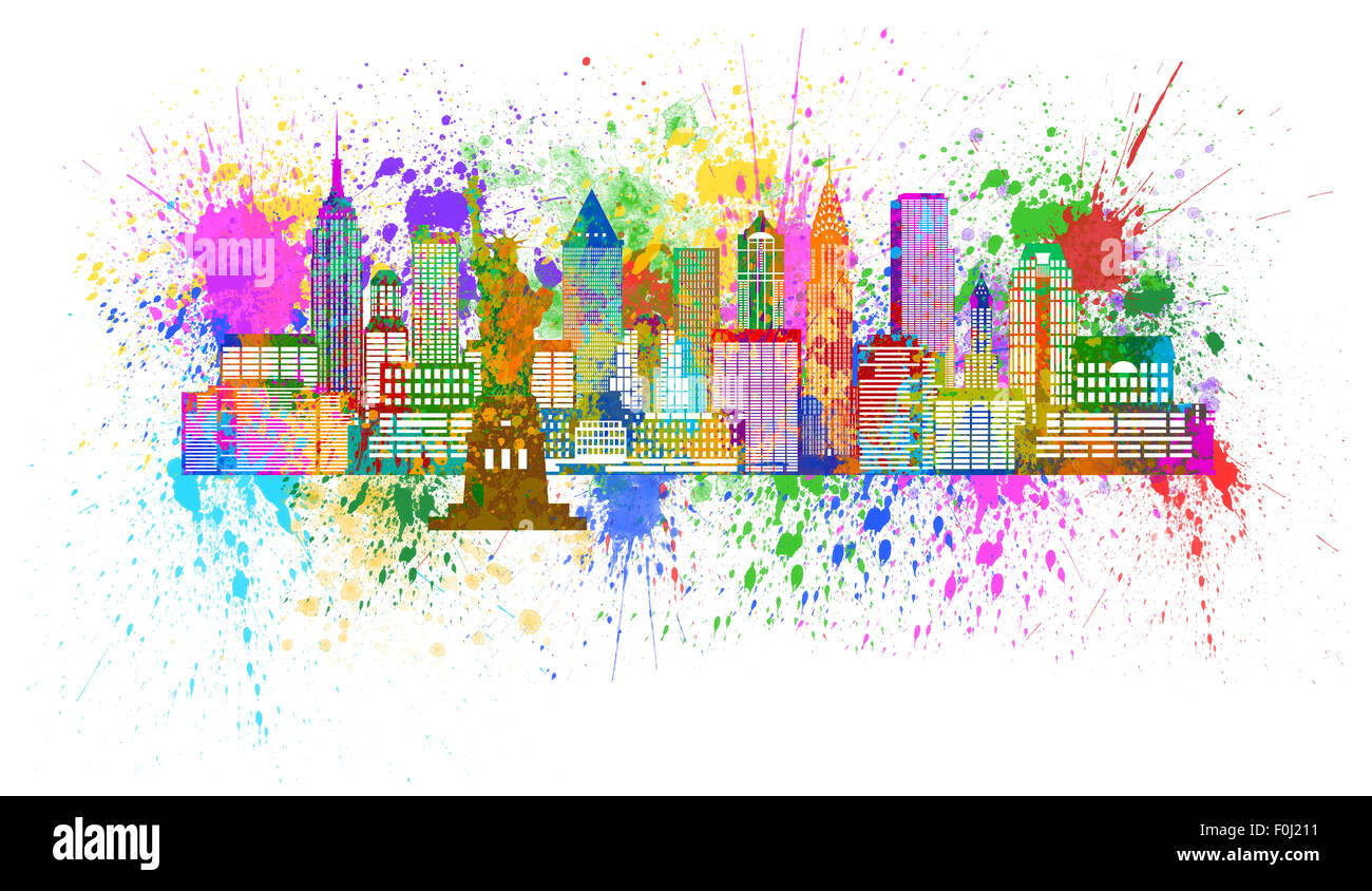 New York City Skyline Panorama Paint Splatter isolé sur fond blanc Illustration Couleur Banque D'Images