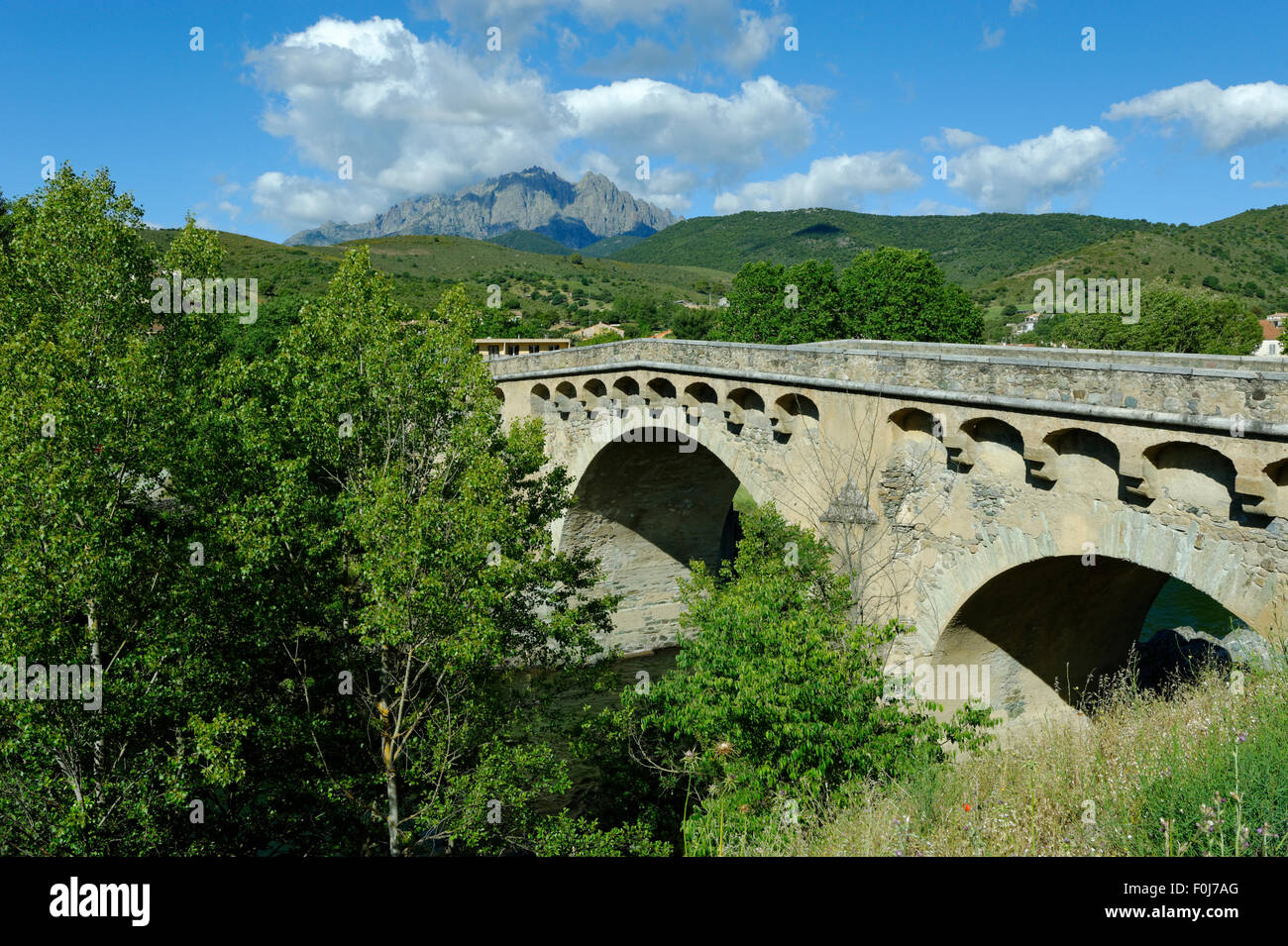 Vieux pont sur la rivière Golo, Ponte Leccia, à Corte du vallée du Golo, Balagne, Haute-Corse, Corse, côte du Nord Banque D'Images