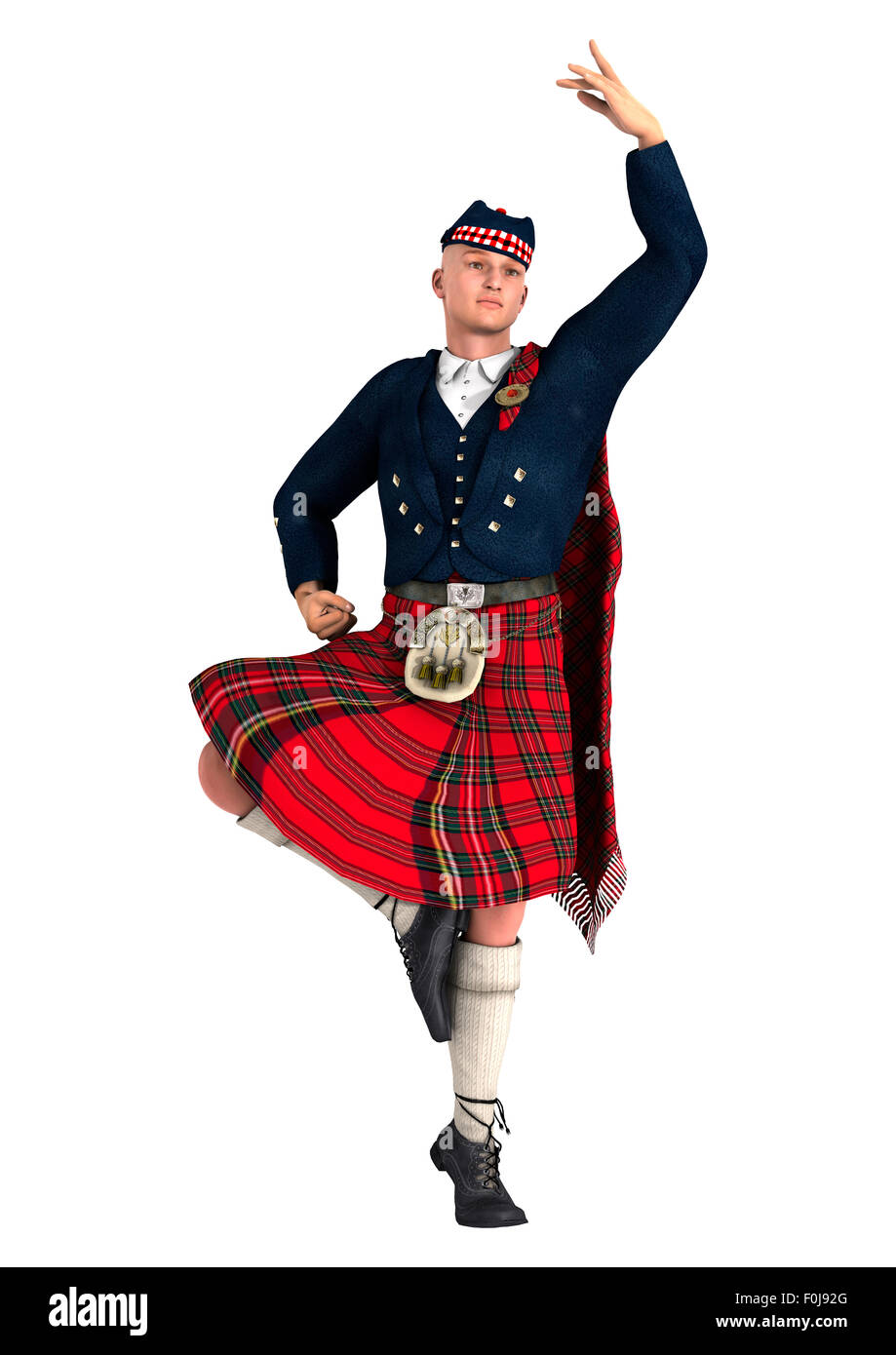 Numérique 3D render of a highlander vêtu d'un kilt écossais dancing isolé sur fond blanc Banque D'Images