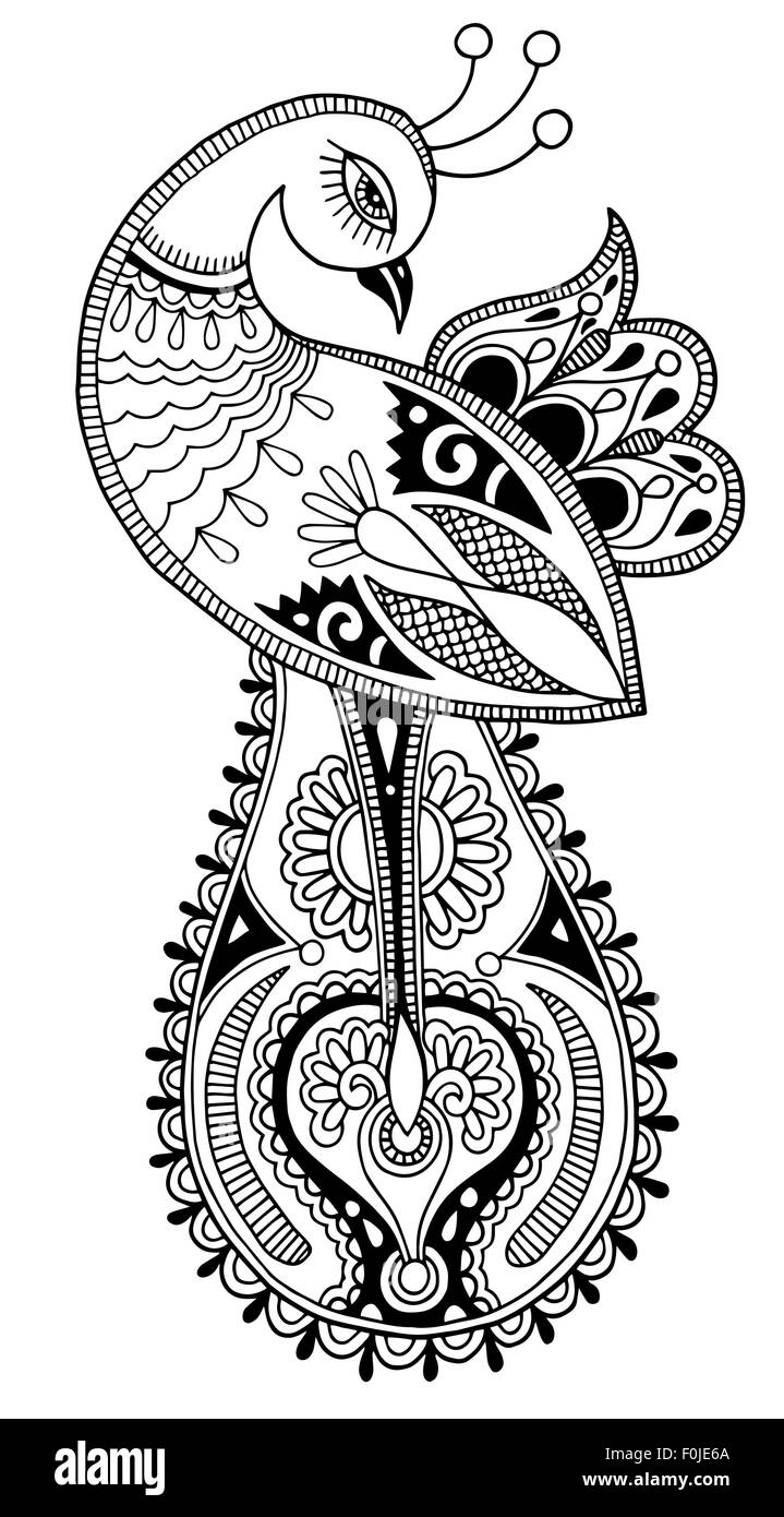 Peacock noir et blanc dessin ethnique décoratif Illustration de Vecteur