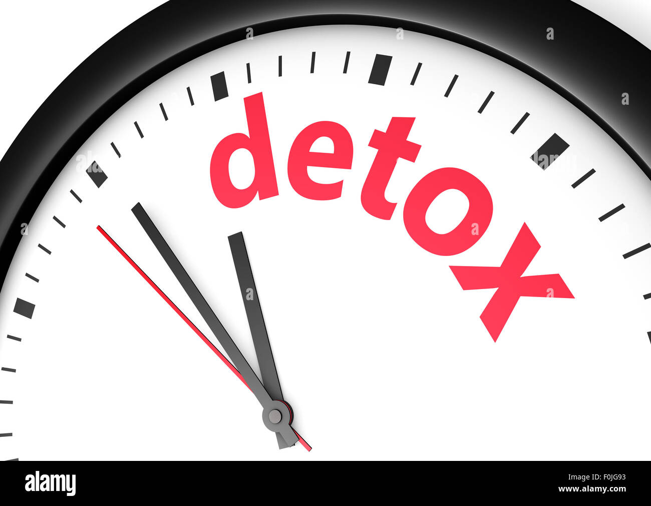 Le temps de vie sain régime de detox soins du corps et de l'image conceptuelle avec une horloge murale et de désintoxication signe texte imprimé en rouge. Banque D'Images