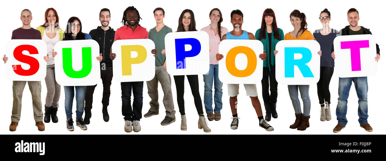 Smiling group of young people holding multi ethnic Soutien mot isolated on white Banque D'Images Smiling group of young people holding multi ethnic Soutien mot isolated on white Banque D'Images