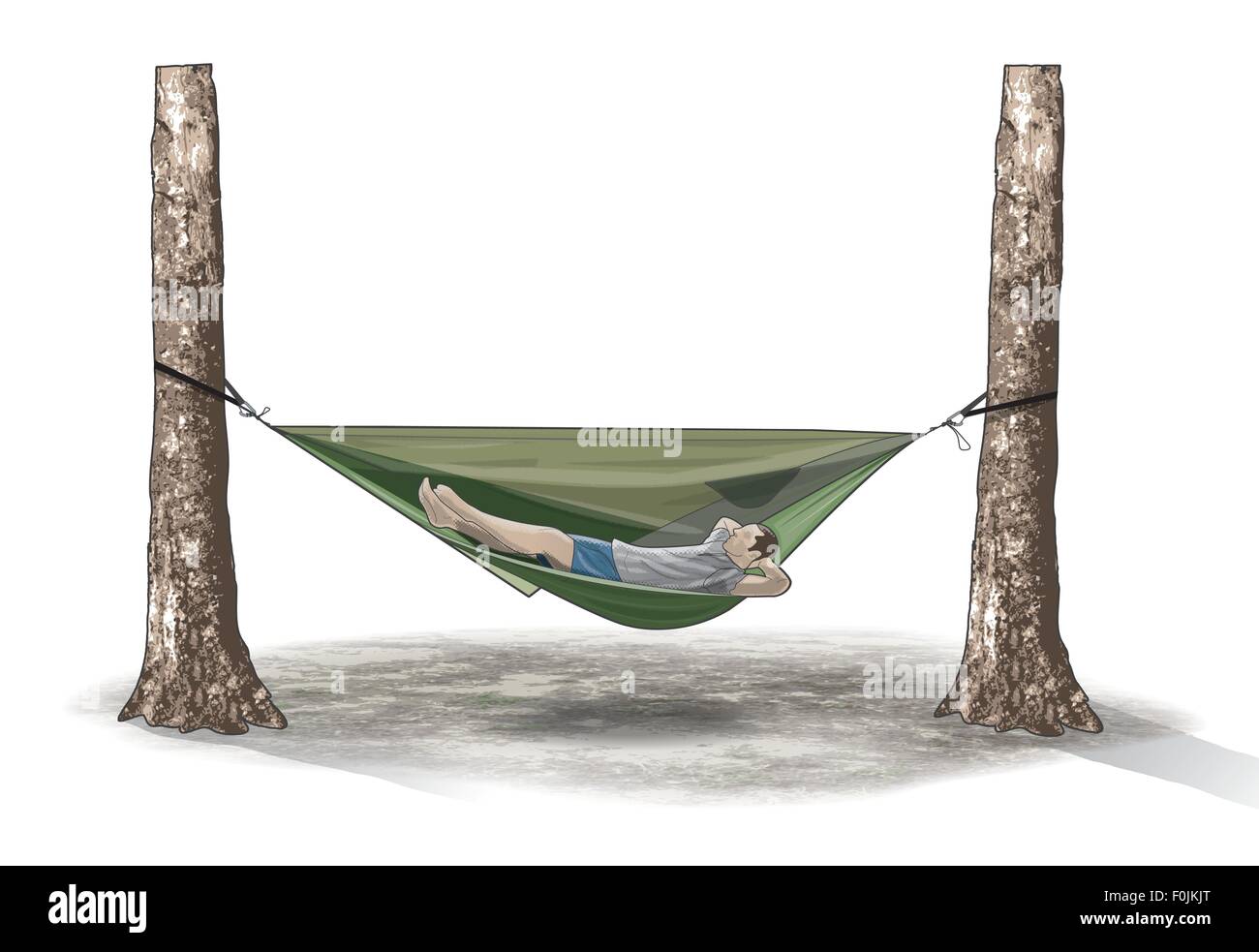 Illustration numérique de l'homme allongé sur un hamac suspendu entre deux troncs d'arbre Banque D'Images