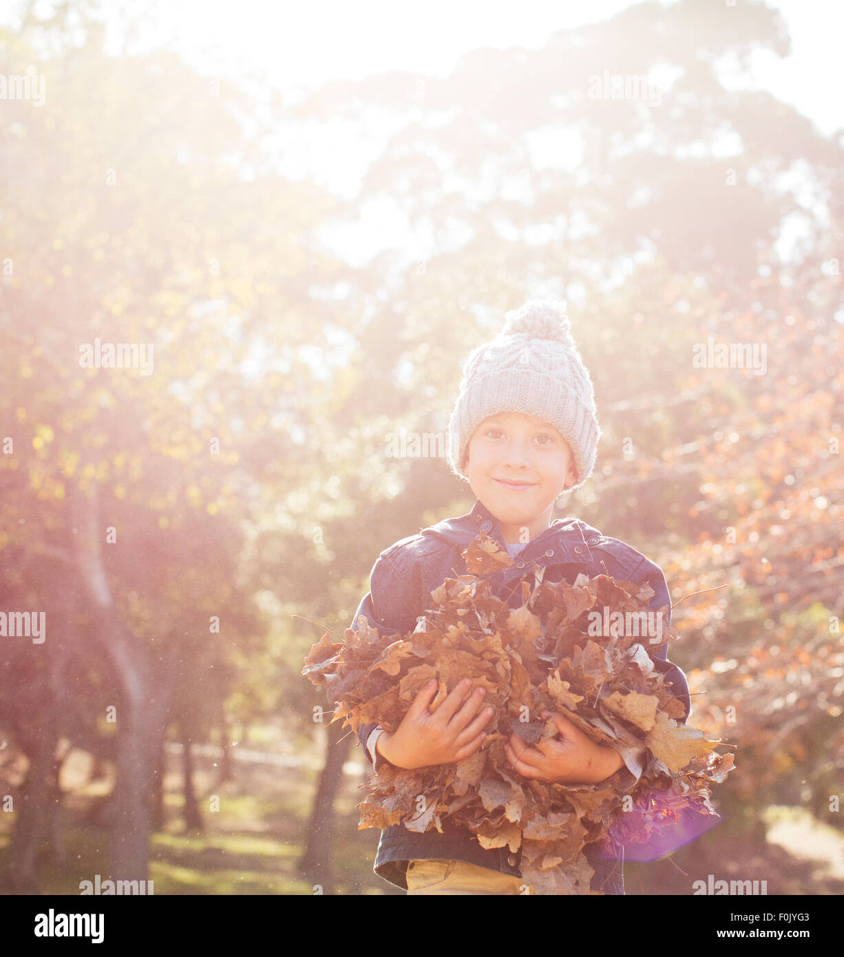 Portrait of smiling boy holding bunch of Autumn Leaves Banque D'Images