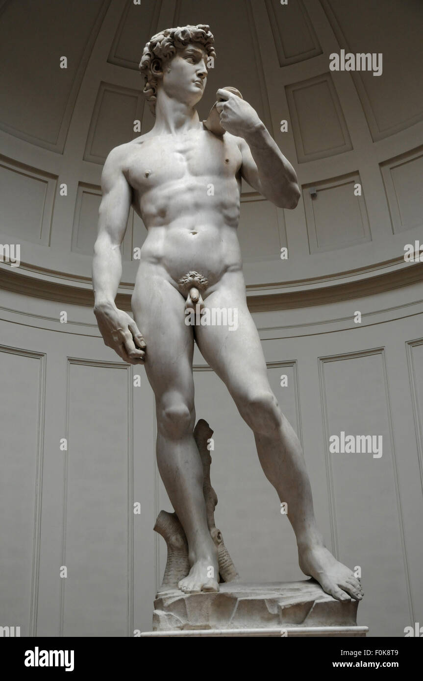 La fameuse statue de 'David' dans la Galleria dell'Accademia, Florence, Italie. Banque D'Images