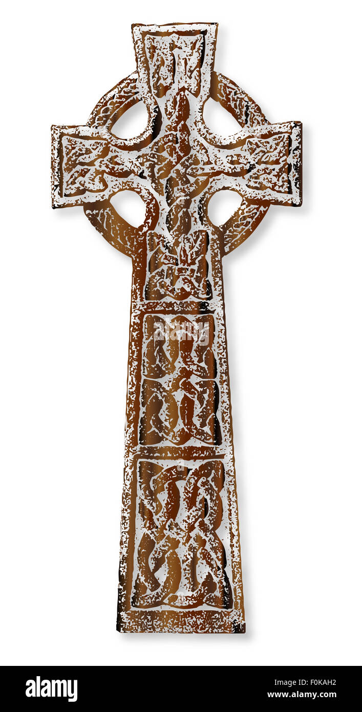 Une croix celtique en bois avec noeud celtique motifs sur un fond blanc Banque D'Images