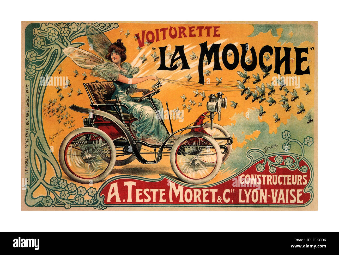LA MOUCHE VOITURETTE 1900 style art déco à l'entreprise automobile française, A. Teste Moret & Cie, a fait la promotion de sa voiturette La Mouche Lyon Vaise France Banque D'Images
