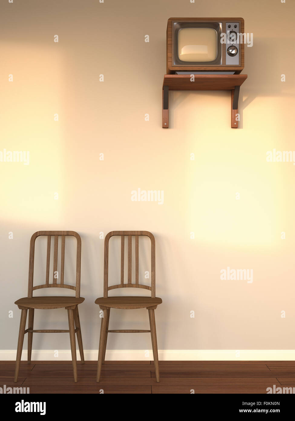 Chambre d'hôtel avec de vieux plat et deux chaises en bois au crépuscule, 3D Rendering Banque D'Images