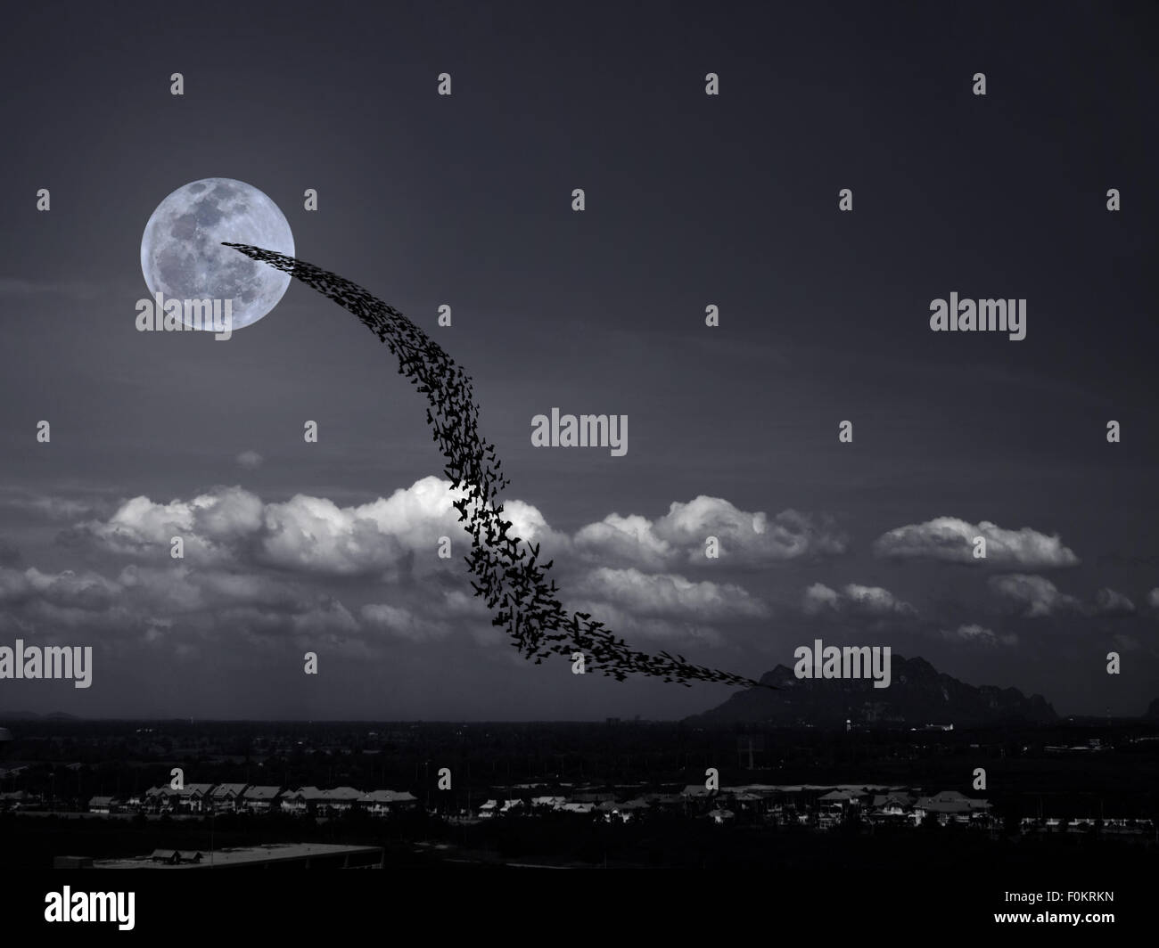 Le vol des chauves-souris de la pleine lune Banque D'Images