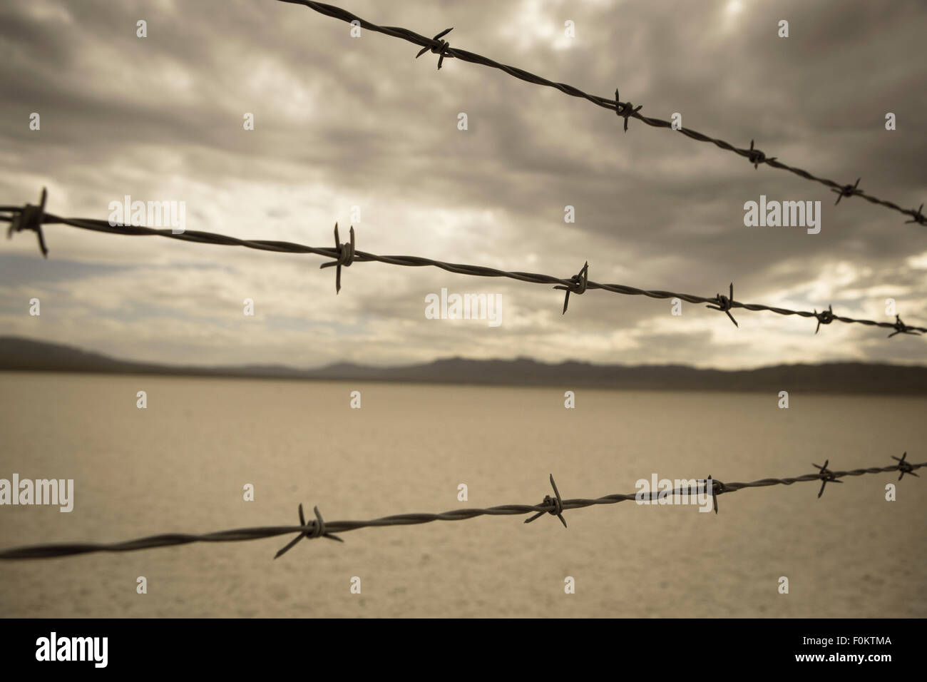 Du fil de fer barbelé contre ciel nuageux au-dessus du paysage du désert du Nevada. Selective focus sur les barbelés. Banque D'Images