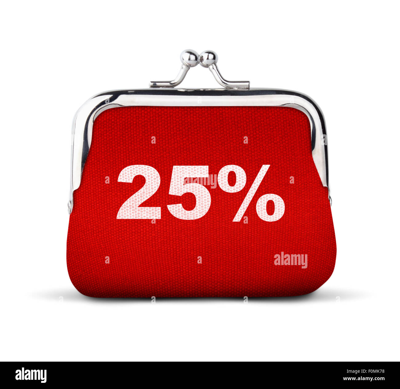 Sac à main porte-monnaie, rouge avec le numéro 25 % isolé sur blanc, concept d'escompte Banque D'Images